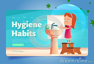 Hygiene habits banner with girl washing hands Vector Illustration