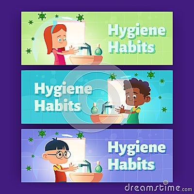Hygiene habits cartoon banners, children wash hand Vector Illustration