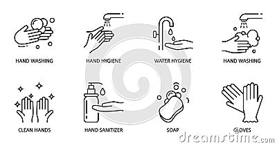 Hygiene hand washing. Vector set of dessert icons. Editable Stroke. Wash hands with soap and water, antiseptic, gloves Vector Illustration