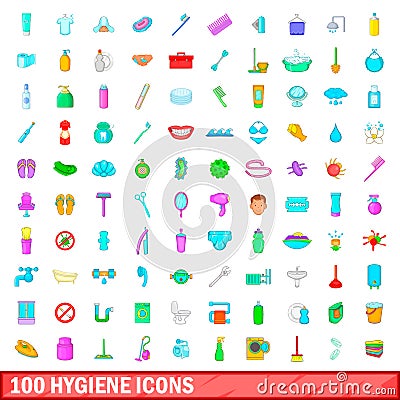 100 hygiene icons set, cartoon style Vector Illustration