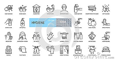 Hygiene icons. Set of 29 images with editable stroke. Includes hygiene of hands, body, premises, clothing, bedding. Hand washing Vector Illustration