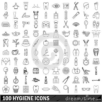 100 hygiene icons set, outline style Vector Illustration