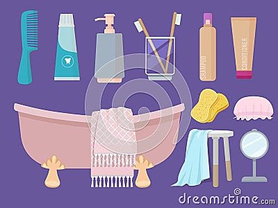 Hygiene items. Body care gel soap sink brush towel sponge paste bathroom cartoon collection Vector Illustration