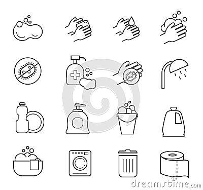Hygiene line icons. Cleaning and clean vector silhouette signs for bathroom toilet Vector Illustration