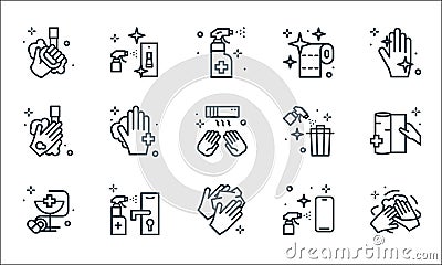Hygiene line icons. linear set. quality vector line set such as hand wash, wipe, pharmacy, smartphone, door lock, hand wash, trash Vector Illustration