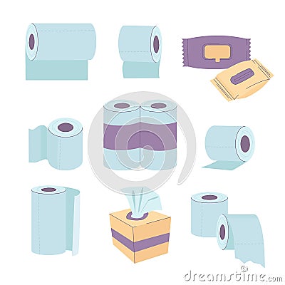 hygiene papers, kitchen paper towels, toilet paper, napkins set. White restroom papers set isolated on white background Vector Illustration