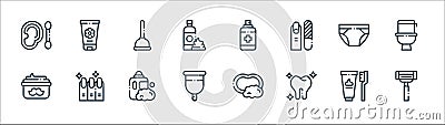 hygiene routine line icons. linear set. quality vector line set such as shaving razor, tooth, menstrual cup, moustache cream, Vector Illustration