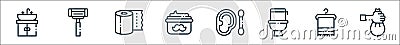 hygiene routine line icons. linear set. quality vector line set such as throwing trash, towel, wc, cotton swab, moustache cream, Vector Illustration