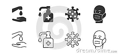 Hygiene vector icon set. Virus care black line outline icons collection. Washing hands, anti bacterial soap Vector Illustration