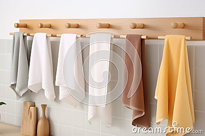 Hygienic Kitchen colorful towels hanging on rack. Generate AI Stock Photo