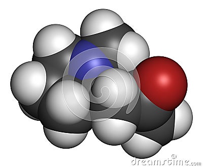 Hygrine coca alkaloid molecule. 3D rendering. Atoms are represented as spheres with conventional color coding: hydrogen (white), Stock Photo