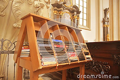 Hymn books for prayers in church. The bibles and hymnals Stock Photo