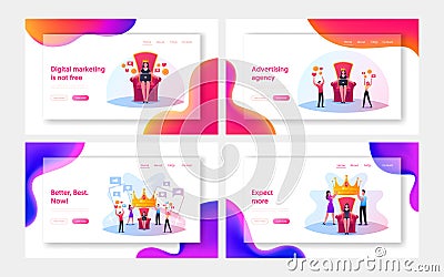 Hype, Popularity, Fame Landing Page Template Set. Tiny Characters Put Huge Royal Crown on Woman Head Sitting on Throne Vector Illustration