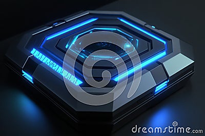 A hyper-advanced security system featuring a 3D hexagonal biometric scanner. The glowing retina scan Stock Photo