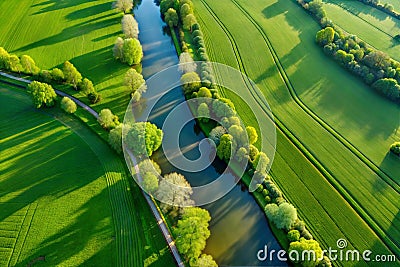 Hyper-detailed aerial image, plane view, green fields, river, trees, AI generated image Cartoon Illustration