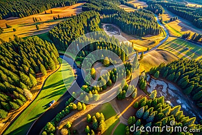 Hyper-detailed aerial image, plane view, green fields, river, trees, AI generated image Cartoon Illustration