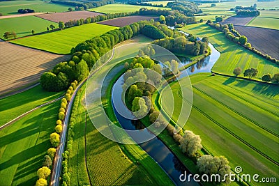 Hyper-detailed aerial image, plane view, green fields, river, trees, AI generated image Cartoon Illustration