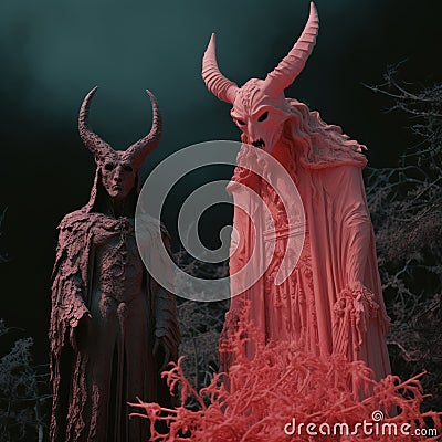 Hyper-detailed 3d Art: Two Red-dressed Demons In A Traced Vray Scene Stock Photo