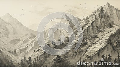 Hyper-detailed Mountain Drawing With Birds In Thomas Nast Style Cartoon Illustration
