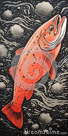 Hyper-detailed Red Trout Swimming In Dark Orange And Dark Gray Cartoon Illustration