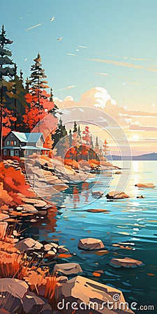 Hyper-detailed Sunset Painting: Cabincore Illustration By The Lake Stock Photo