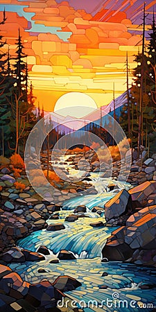 Hyper-detailed Sunset Stream Illustration Inspired By Erin Hanson Stock Photo