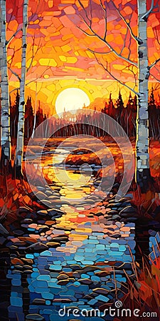 Hyper Detailed Wetland Sunset Painting Inspired By Erin Hanson Stock Photo