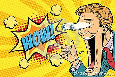 Hyper expressive reaction cartoon wow man face, big eyes and wid Vector Illustration