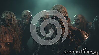 Intense Photorealistic Rendering Of Zombie Heads And Monsters In The Dark Stock Photo