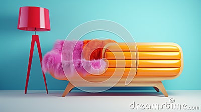 Hyper Modern Dresser Shot In Bright Daylight With Futuristic Sofa Bed Stock Photo