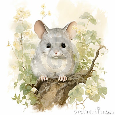 Hyper-realistic Animal Illustration: Cute Mouse Sitting In Flowered Tree Stock Photo