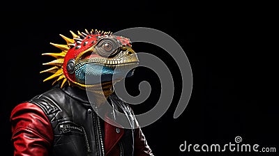 Hyper realistic anthropomorphic colourful lizard iguana in stylish biker jacket Stock Photo