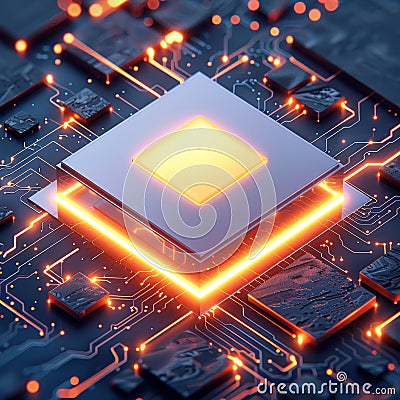 Hyper realistic close up of illuminated computer chip circuitry with intricate details Stock Photo