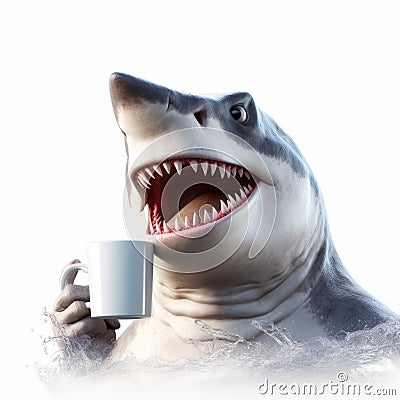 Shark Holding Hot Coffee Mug In Unreal Engine Style Stock Photo