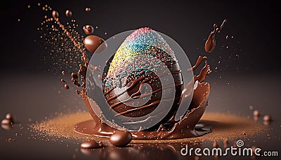 Hyper-realistic 3D sketches of whole chocolate Easter eggs in cute and colorful style. Stock Photo