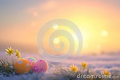 A hyper-realistic depiction of a sunrise scene with Easter motifs subtly integrated Stock Photo