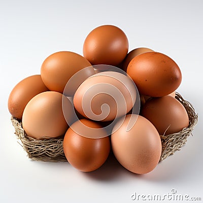 Hyper-realistic Eggs In Basket On White Background Stock Photo