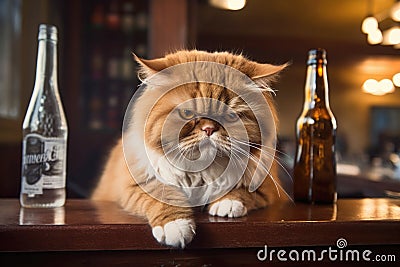 Hyper-realistic gloomy ginger cat at a bar counter with two empty bottles of beer, symbolizing the pressures of daily life. Cartoon Illustration