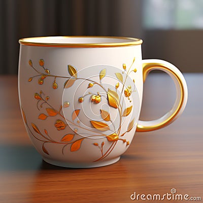 Hyper-realistic Golden Leaves Coffee Cup With Floral Motifs Stock Photo