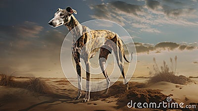 Hyper-realistic Grayhound Dog Portrait In A Desert Stock Photo