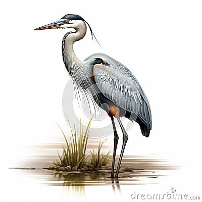Hyper-realistic Illustration Of A Great Blue Heron In Creek Cartoon Illustration