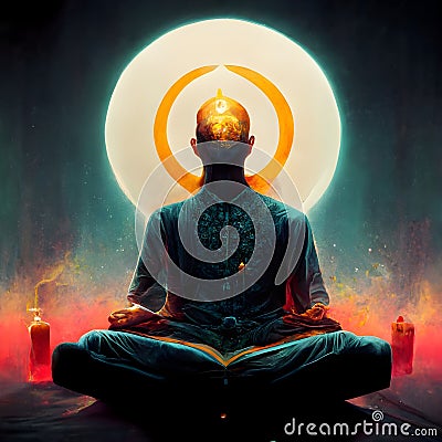 Hyper realistic illustration of a yogi doing an enlightenment meditation with candles nearby Cartoon Illustration