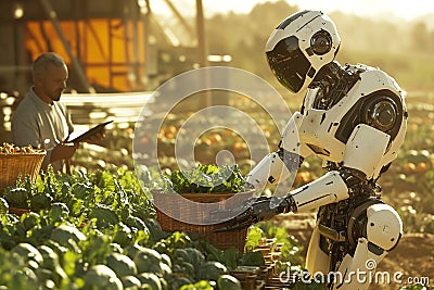 AI-driven robot harvesting vegetables in a field. Generative AI Stock Photo