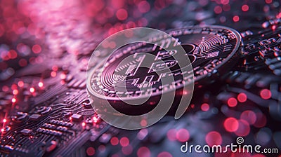 Hyper realistic image of bitcoin with price fluctuations graph in moody background Stock Photo