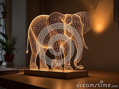 hyper-realistic image of an elephant shaped lamp with intricate wireframe design, illuminated from below casting a warm glow - Stock Photo