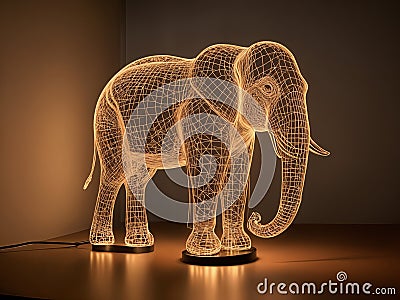 hyper-realistic image of an elephant shaped lamp with intricate wireframe design, illuminated from below casting a warm glow - Stock Photo
