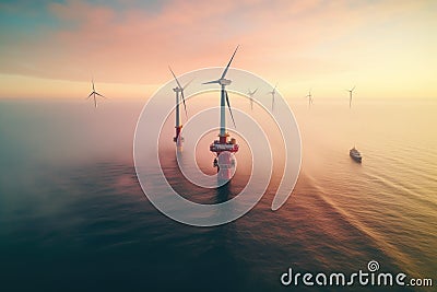 A hyper realistic image of renewable energy windturbines at sea during a misty morning from a drone point of view Stock Photo