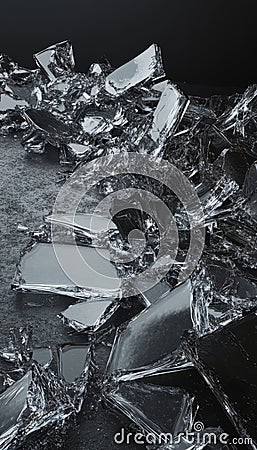 Hyper realistic image of shattered glass shards on dark surface, enhanced by softbox lighting Stock Photo
