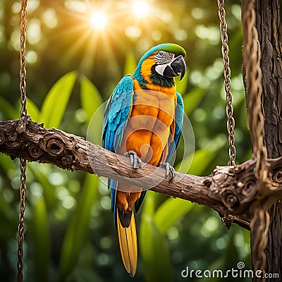 Hyper realistic nature scenery capturing ultra zoom close up of a parrot in greenary Cartoon Illustration
