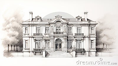Hyper-realistic Neoclassical Mansion Drawing With Fine Line Details Stock Photo